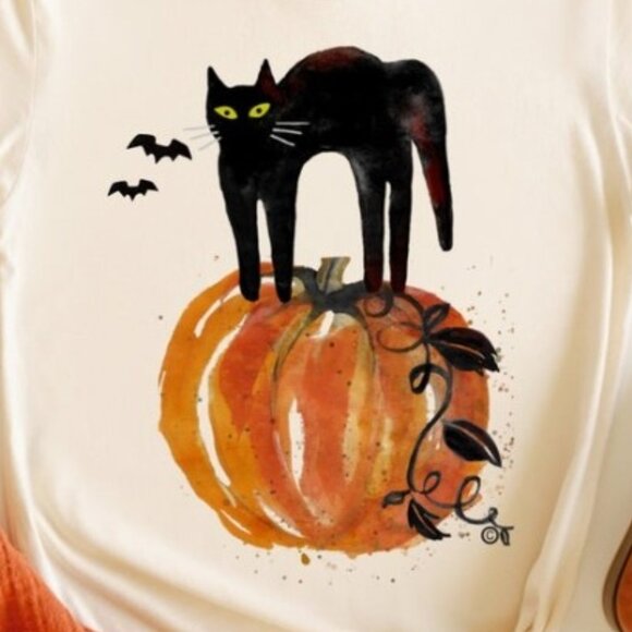 Cat on Pumpkin ~ Pumpkin Shirt, Cat shirt, Thanksgiving Tee - Picture 3 of 3